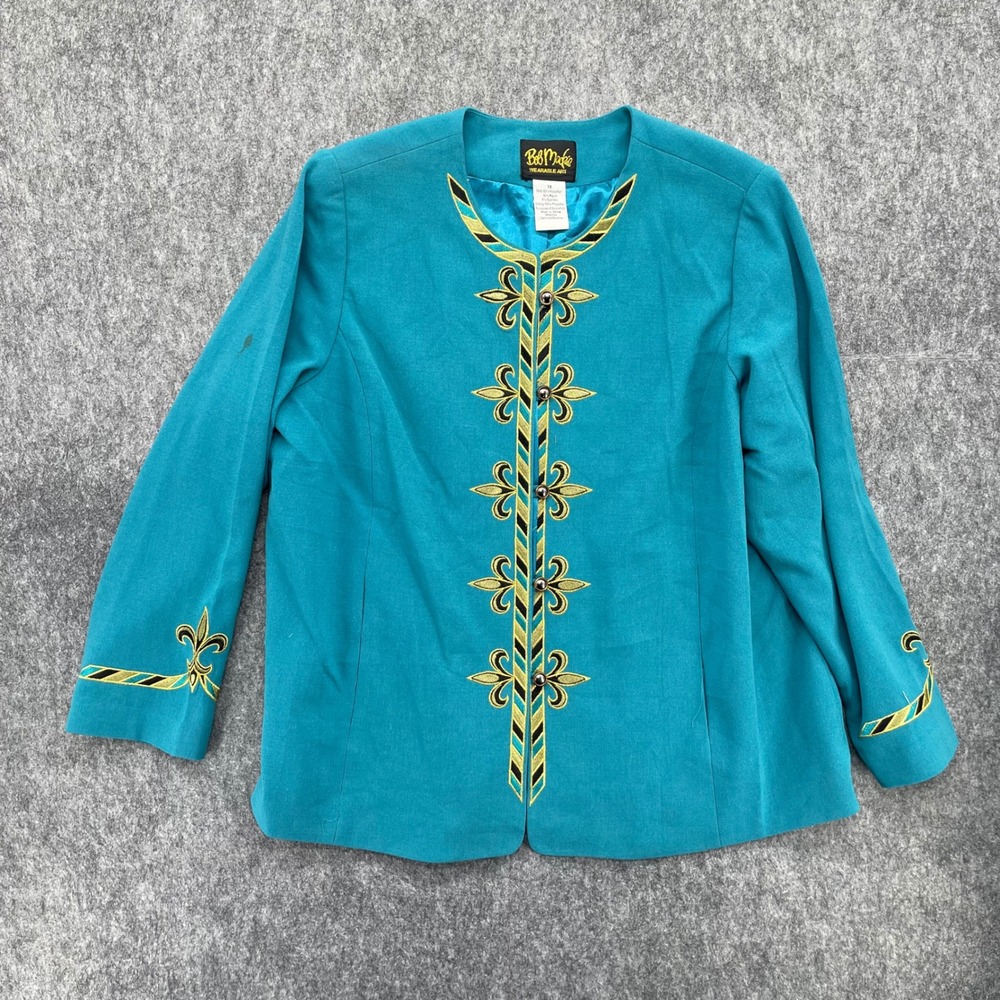 Bob Mackie Womens Jacket 1X Wearable Art Blue Fleur-de-lis Embroidered Blazer